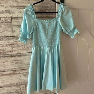 “Blue Rain” brand baby blue knee-length dress from Francesca’s size medium.